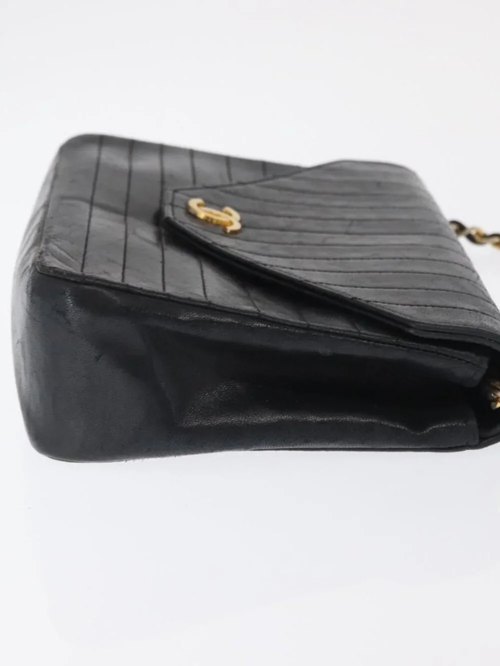 CHANEL Mademoiselle Chain Shoulder Bag Lamb Skin Black Gold CC Auth bs21196